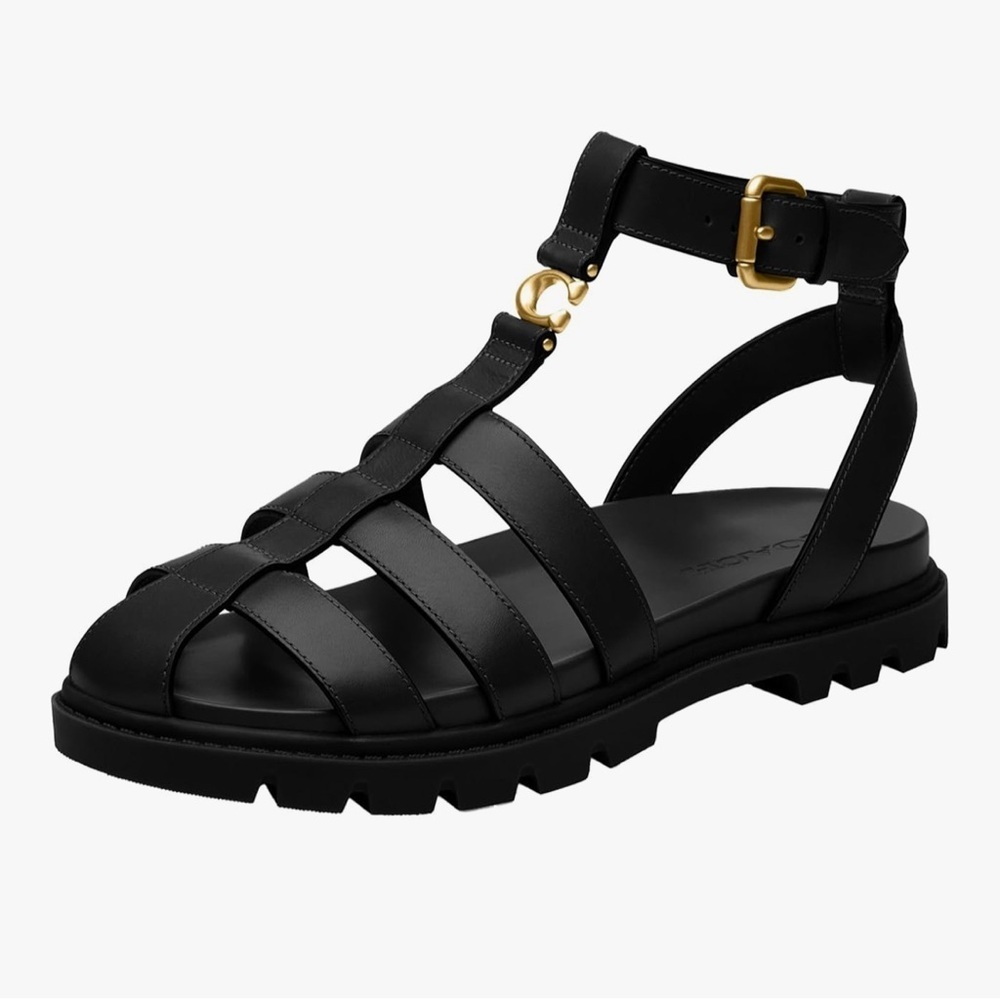Coach Sculpted C Fisherman Sandals Black Leather Sz 6 Nib